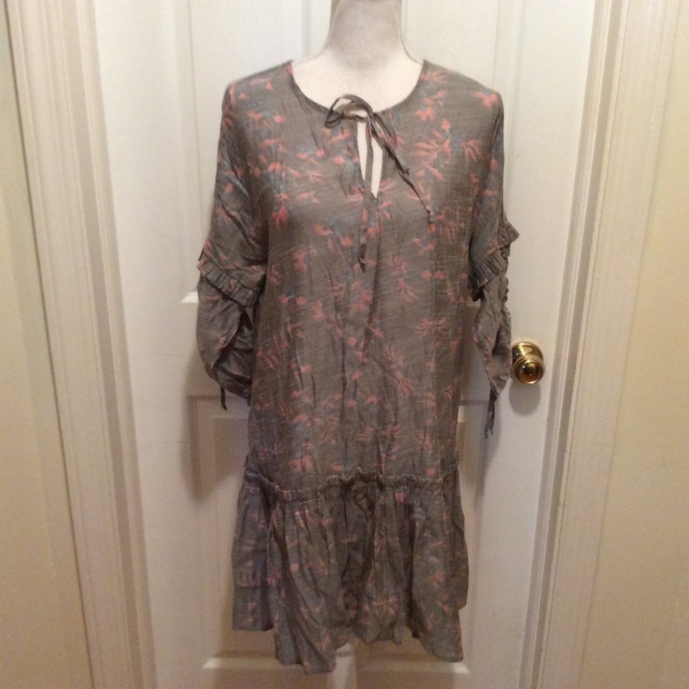 Sam & Lavi Dress S Blue-Gray Muted Red Leaf Print Tie Ruched Sleeve Drop…